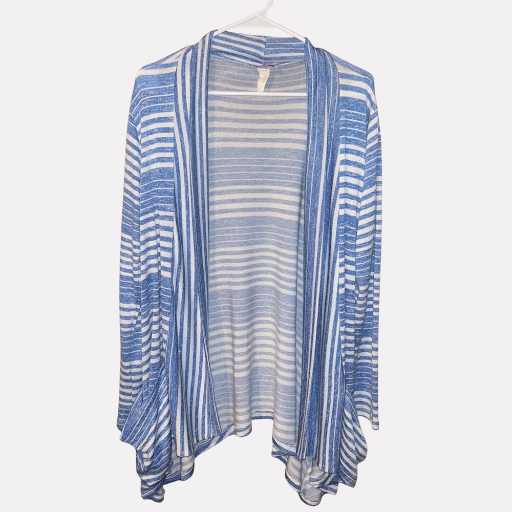 Pretty Young Thing Cardigan XL Blue White Stripe Waterfall Open Front Coastal